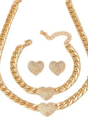 Heart Pave Crystal Cuban Chain Chunky Statement Sparkle Necklace Bracelet Earrin